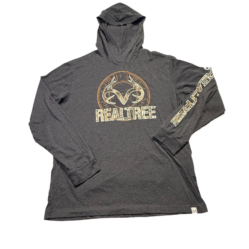 Realtree Mens Charcoal Gray Camo Logo Long Sleeve Hooded T-Shirt Large Colosseum